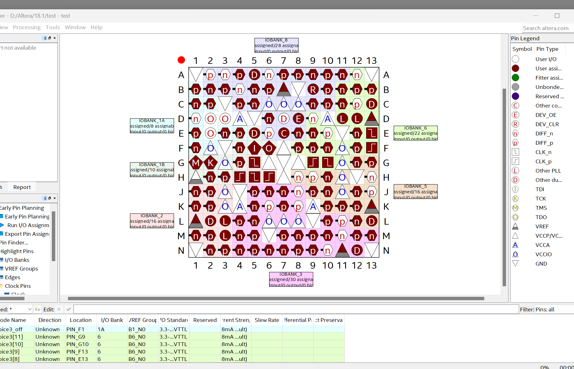 FPGA I/O pin-assignment map, the kind of source cross-checked before a board ships (MCG LLC)